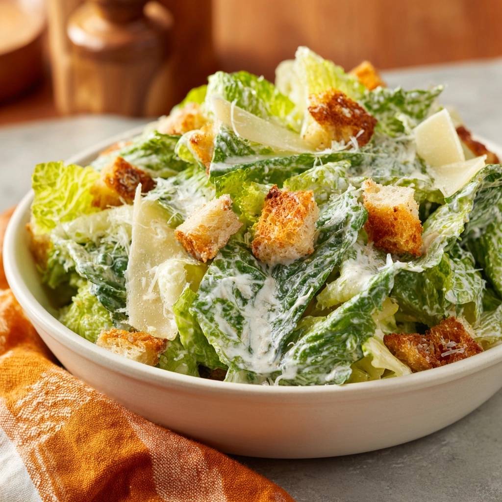 Classic Caesar Salad with Crunch-Locking Croutons shown in a close-up view with creamy dressing and shaved parmesan.