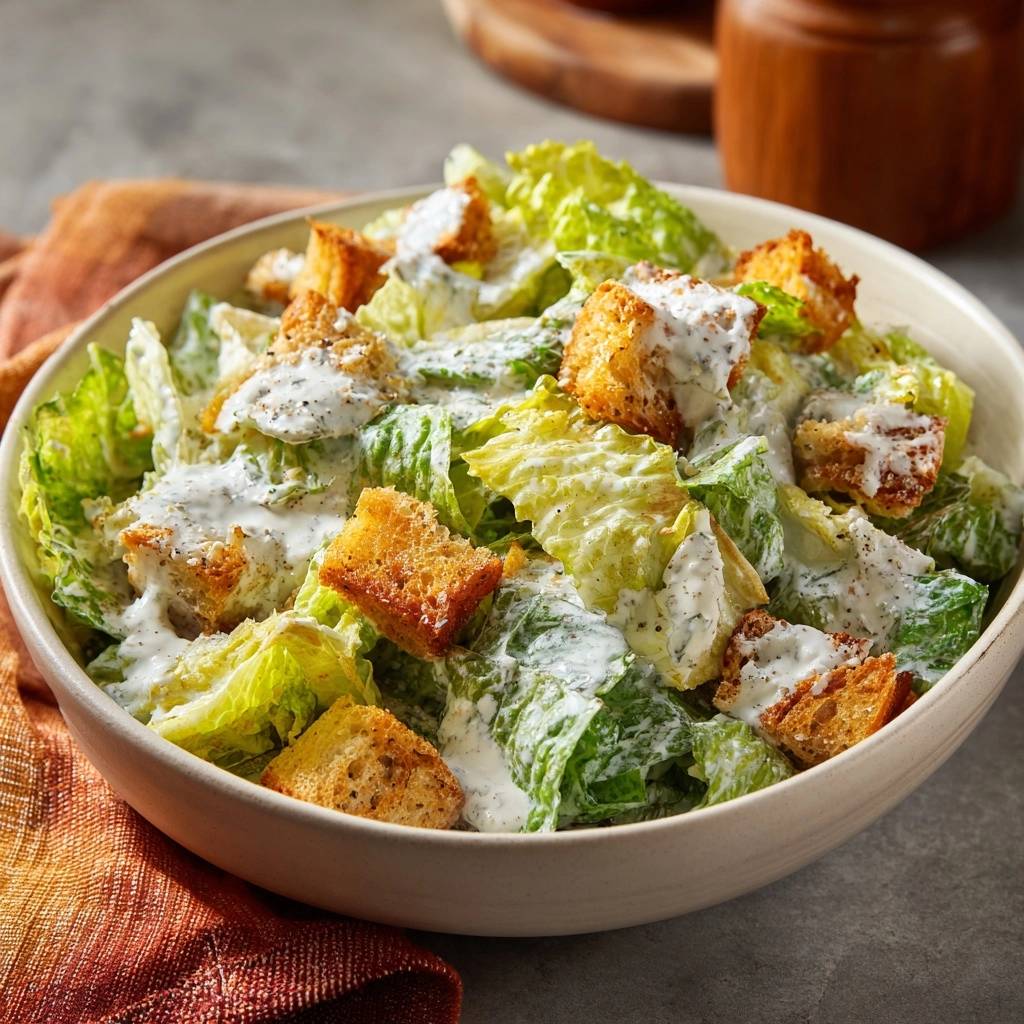 Classic Caesar Salad with Crunch-Locking Croutons shown in a close-up view of a full bowl.