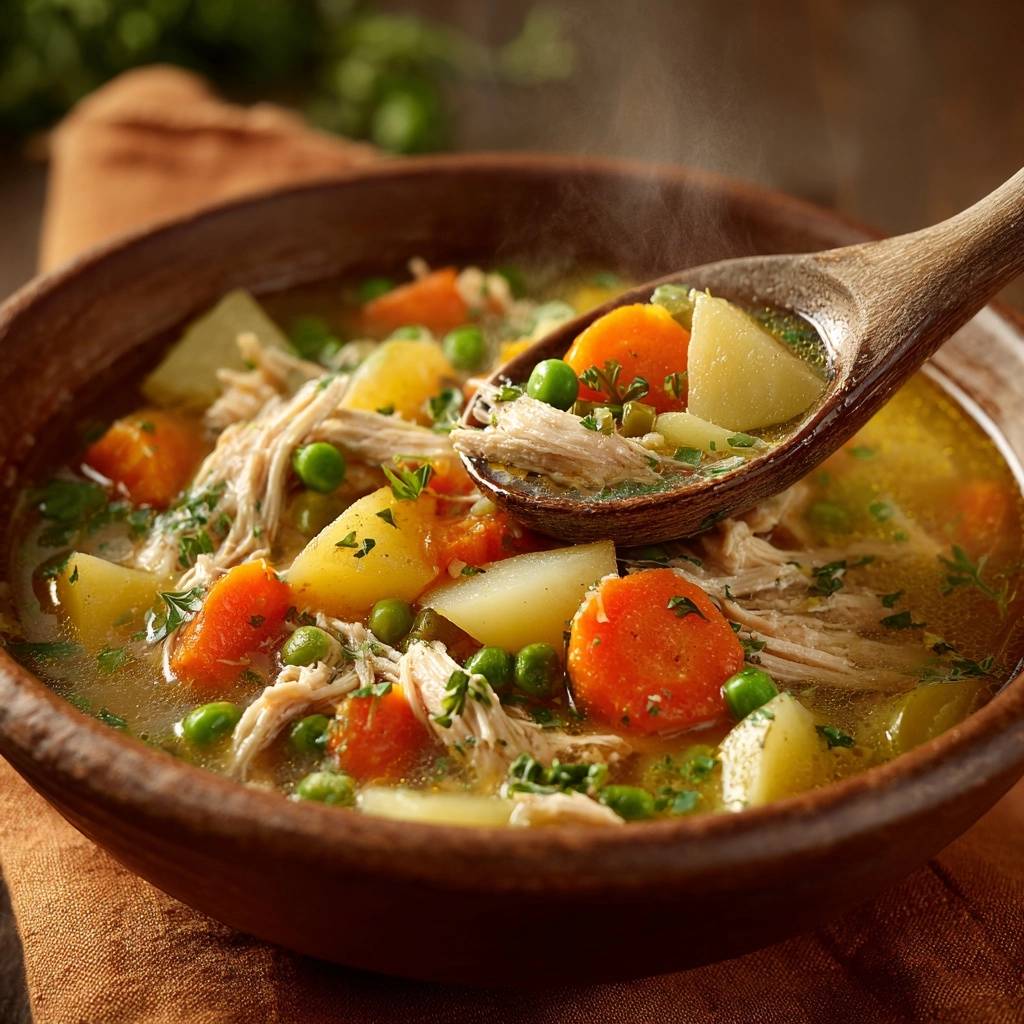 Cozy chicken vegetable soup with carrots, potatoes, and peas, shown in a close-up spoonful detail.
