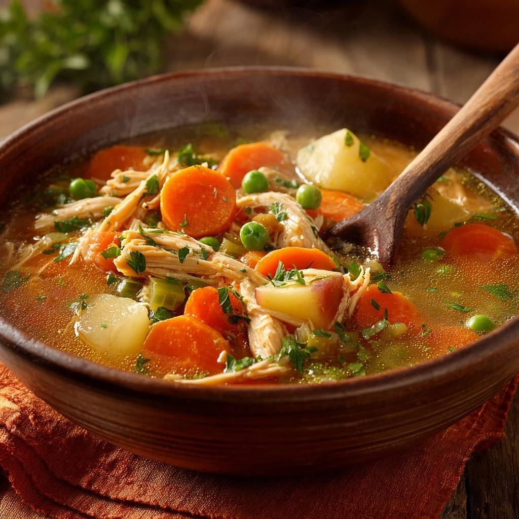 Cozy chicken vegetable soup steaming in a rustic bowl with a wooden spoon, showcasing carrots, peas, and potatoes.