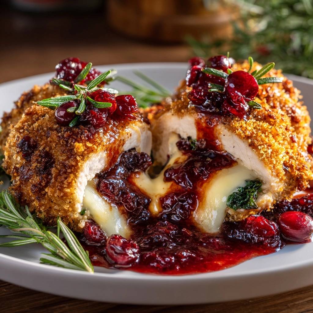 Cranberry blue cheese stuffed chicken shown in a close-up cross-section, revealing its melted cheese and berry filling.