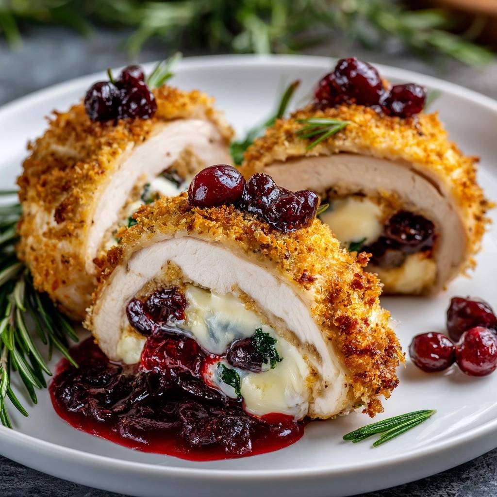 Cranberry blue cheese stuffed chicken, showcasing a close-up cross-section revealing the creamy filling and tart cranberries.