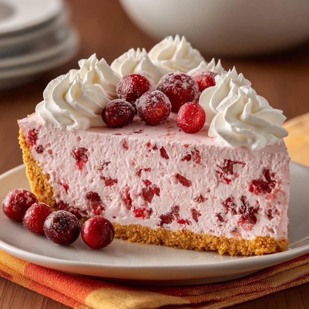 Cranberry cheesecake slice garnished with whipped cream and fresh cranberries on a white plate.