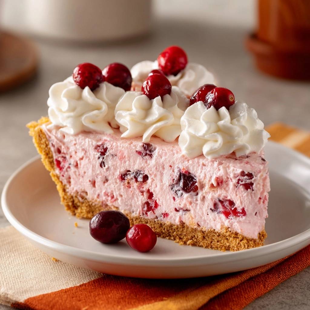 Cranberry cheesecake slice with whipped cream swirls and fresh cranberries as garnish on a white plate.