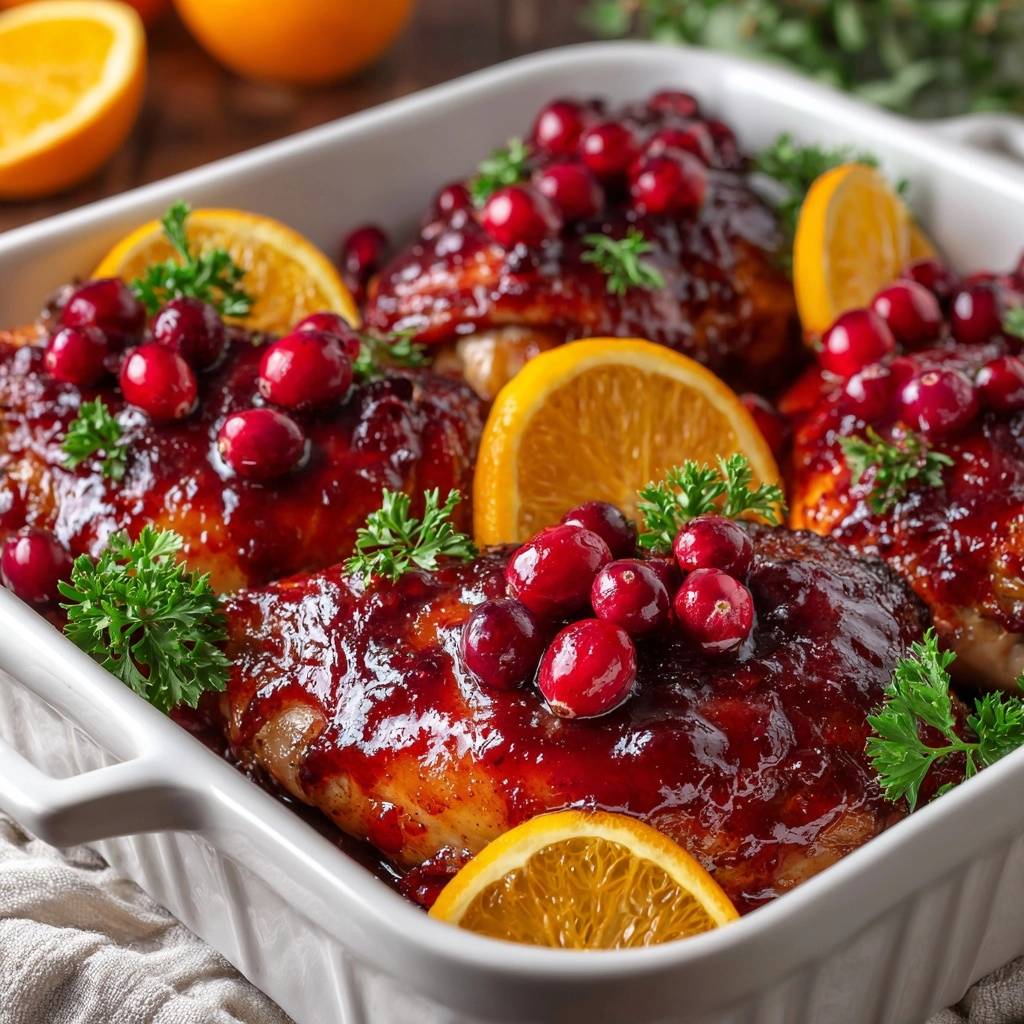 Cranberry orange glazed chicken thighs garnished with fresh cranberries and orange slices in a white baking dish.