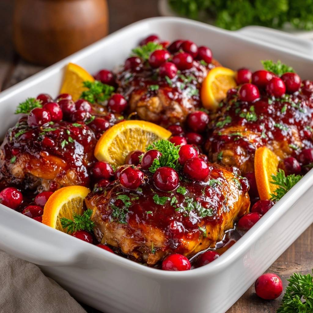 Cranberry orange glazed chicken thighs baked in a white dish, topped with fresh cranberries and orange slices.