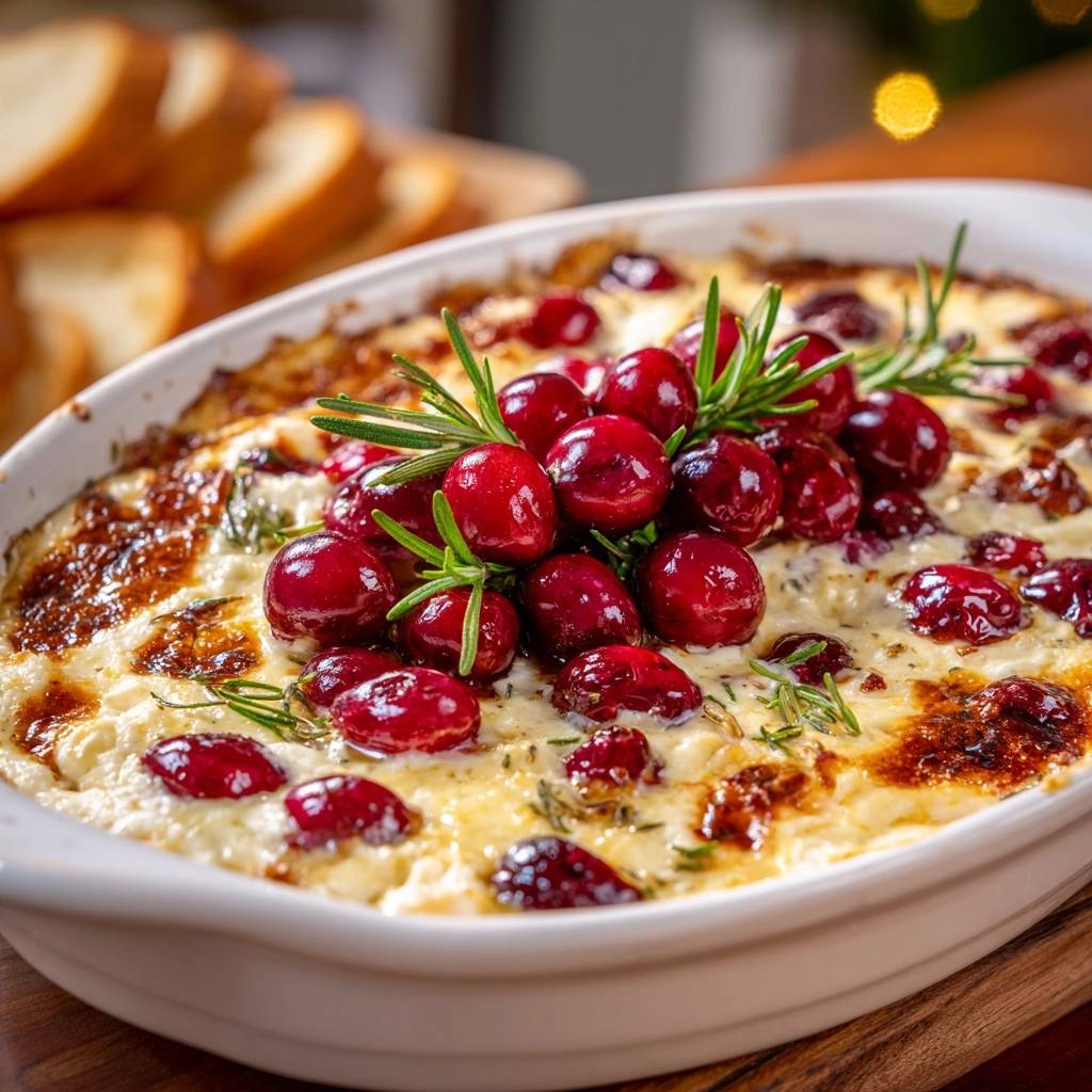 Cranberry rosemary baked brie topped with fresh cranberries and rosemary sprigs in a white dish.
