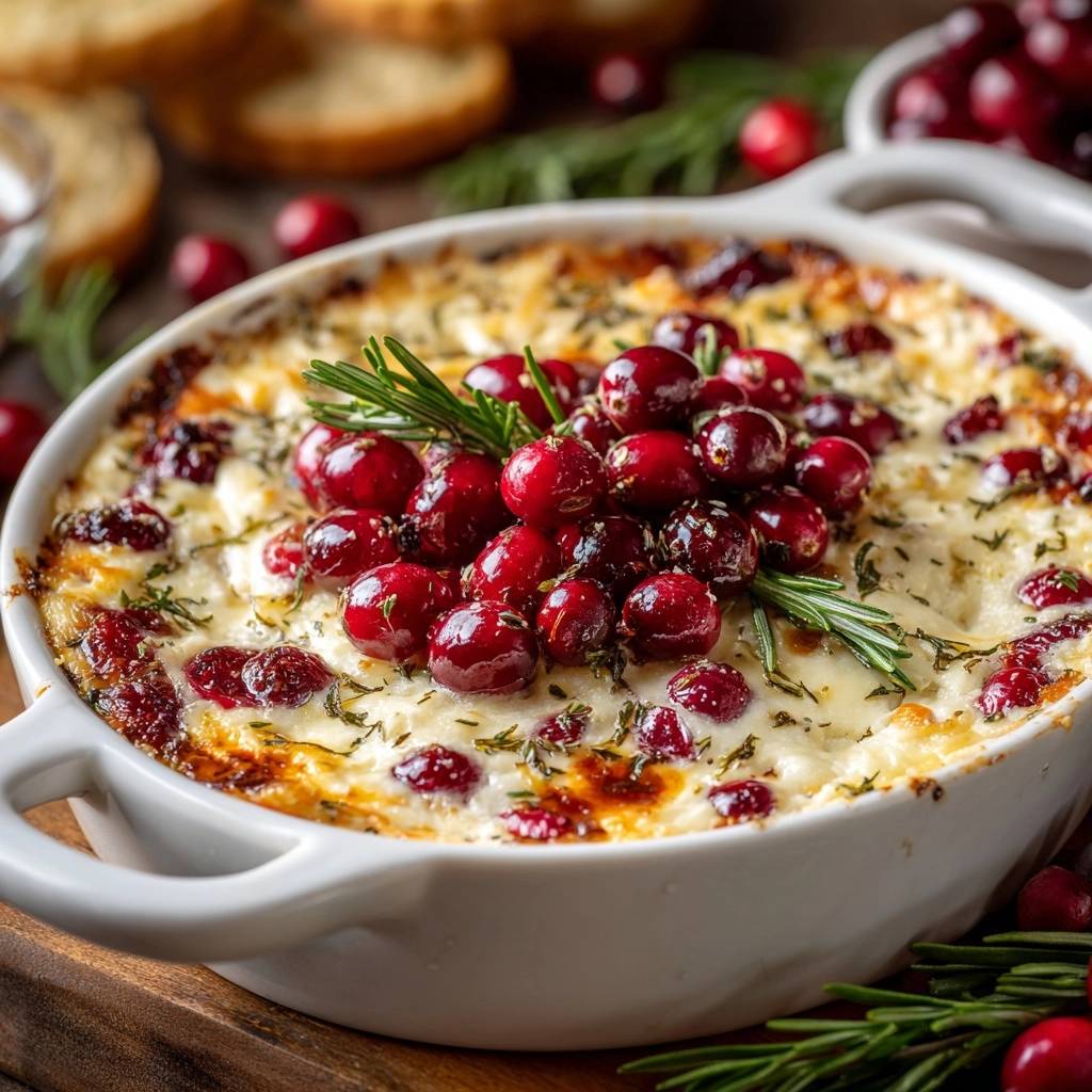 Cranberry rosemary baked brie topped with fresh cranberries and rosemary sprigs, showcasing a close-up of the garnish.