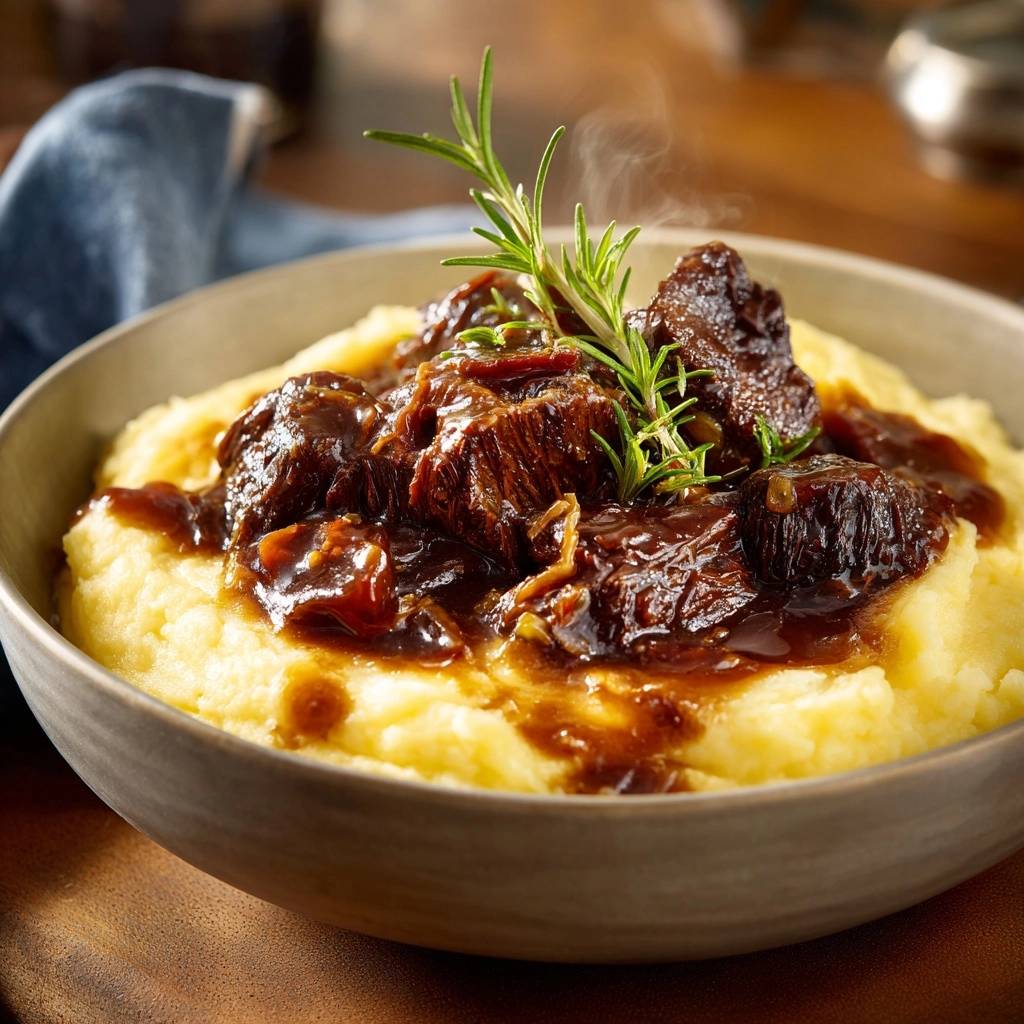 Cranberry rosemary braised beef over mashed potatoes, with a sprig of rosemary and steam rising from the dish.
