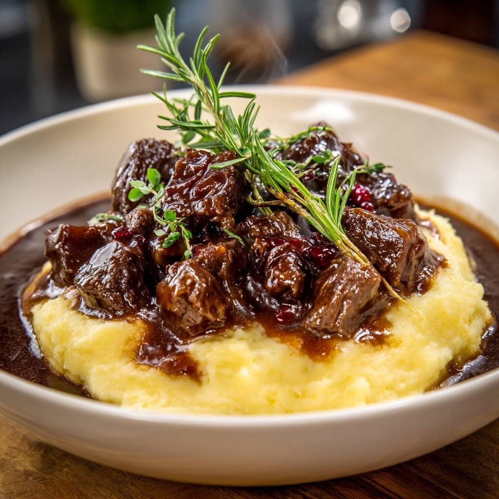 Cranberry rosemary braised beef over mashed potatoes, a close-up view showing the tender meat and fresh rosemary garnish.
