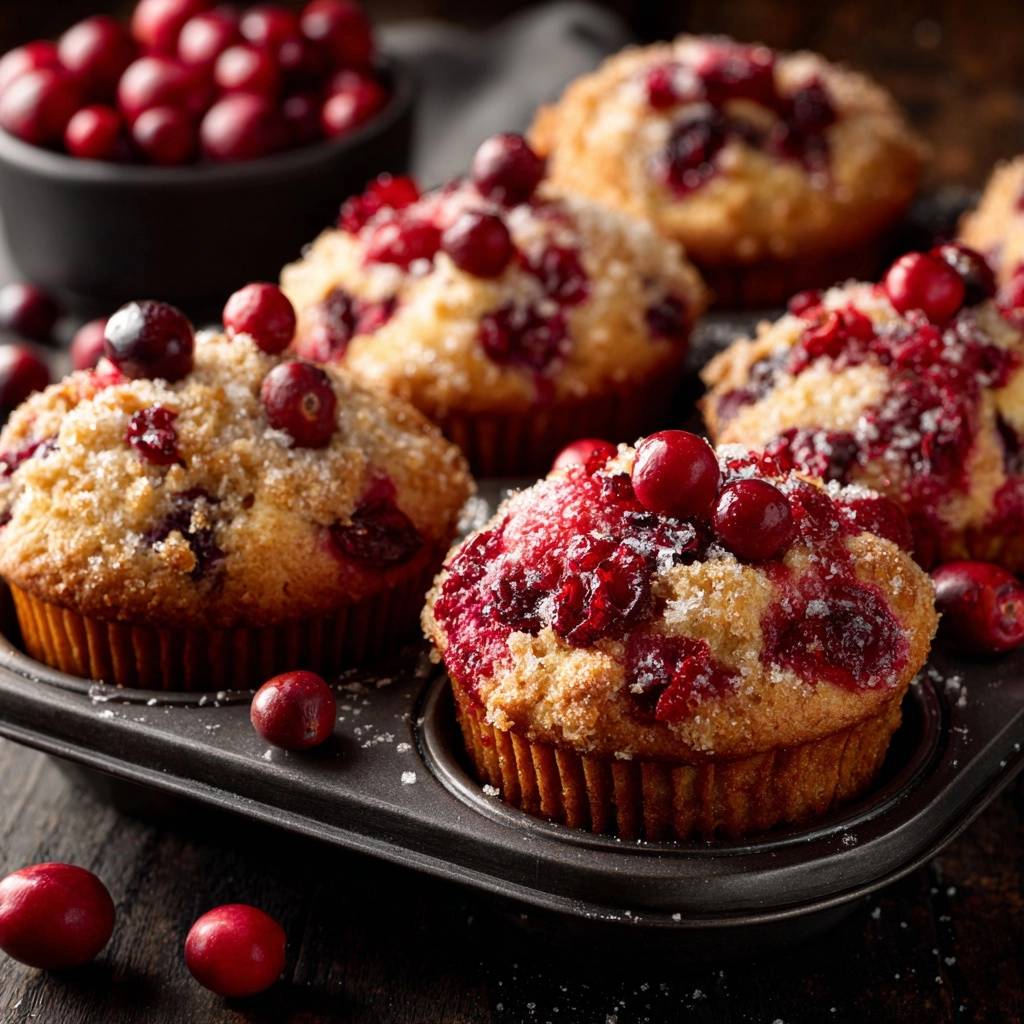 Cranberry streusel muffins with no-sink berries featuring a close-up view of the streusel topping and fresh cranberries.