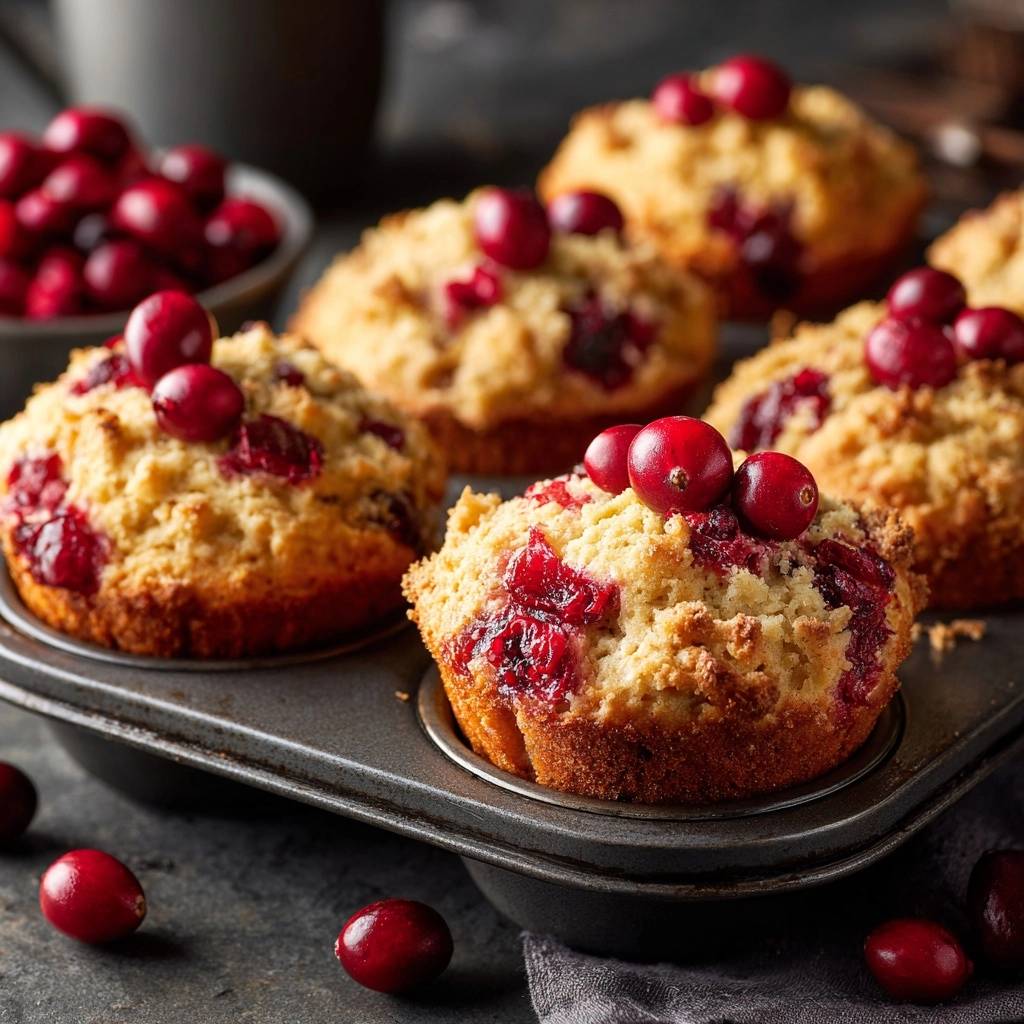 Cranberry streusel muffins with no-sink berries and a close-up view of the fresh cranberry topping.