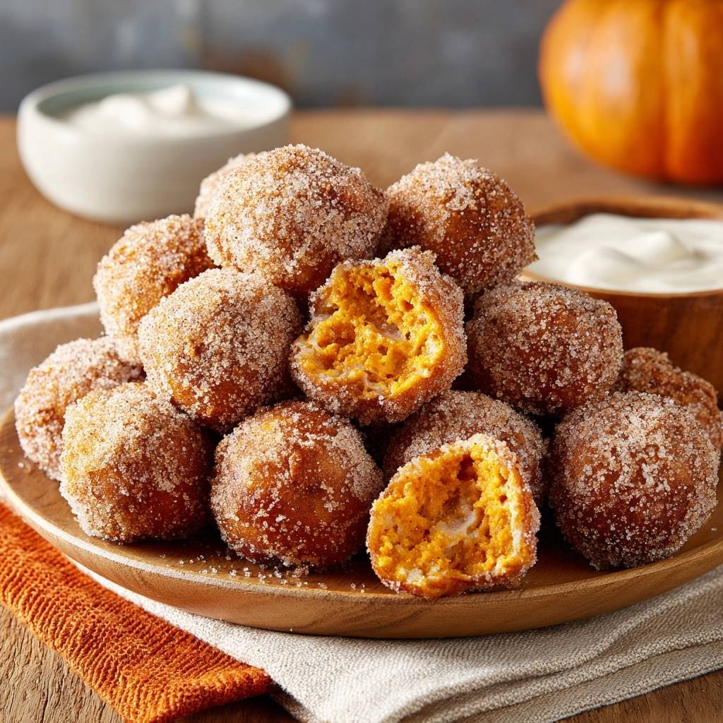 Cream-filled pumpkin donut holes shown in a close-up cross-section revealing the fluffy interior and pumpkin filling.