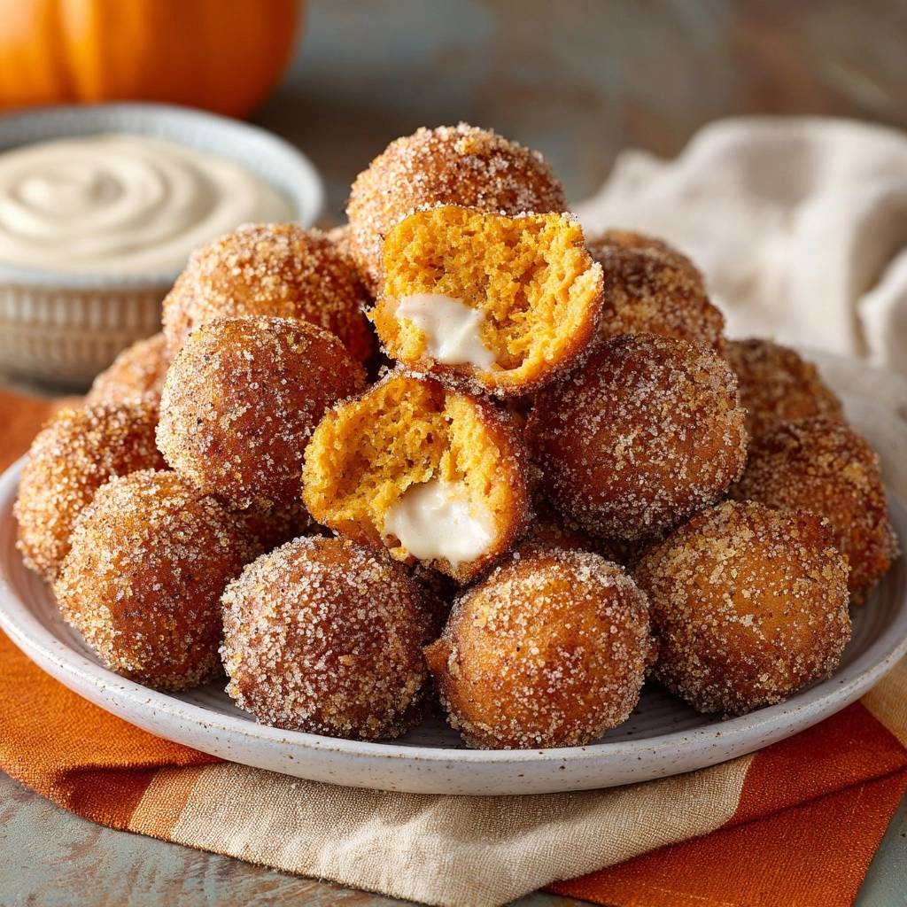 Cream-filled pumpkin donut holes showing a fluffy cross-section with creamy white filling.