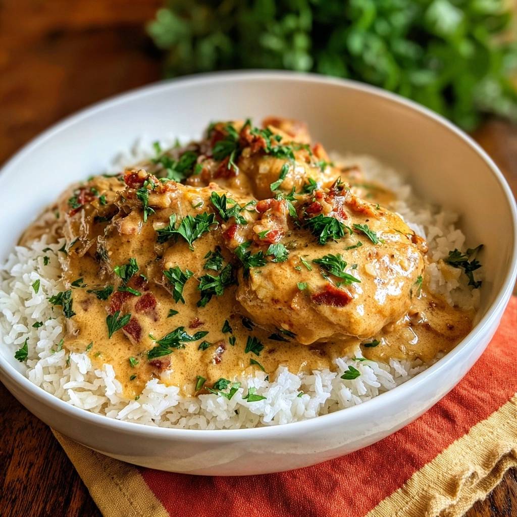 Creamy bacon chicken over rice served in a white bowl, showing a close-up view of the creamy sauce and garnish.