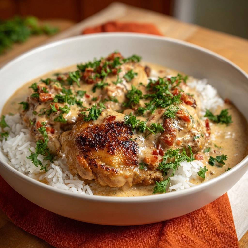 Creamy bacon chicken over rice served in a white bowl, garnished with parsley.