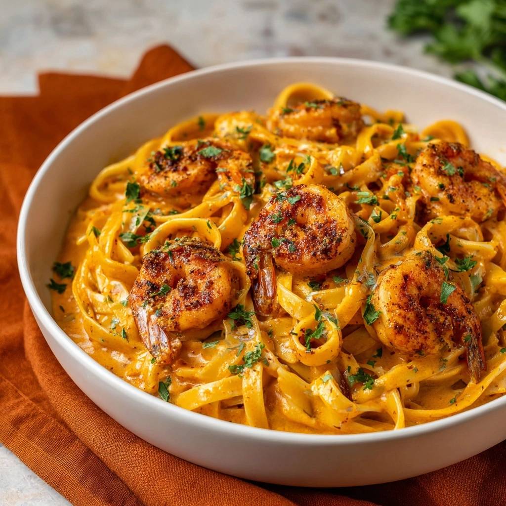 Creamy blackened shrimp fettuccine served in a white bowl, showcasing the rich sauce and tender shrimp.