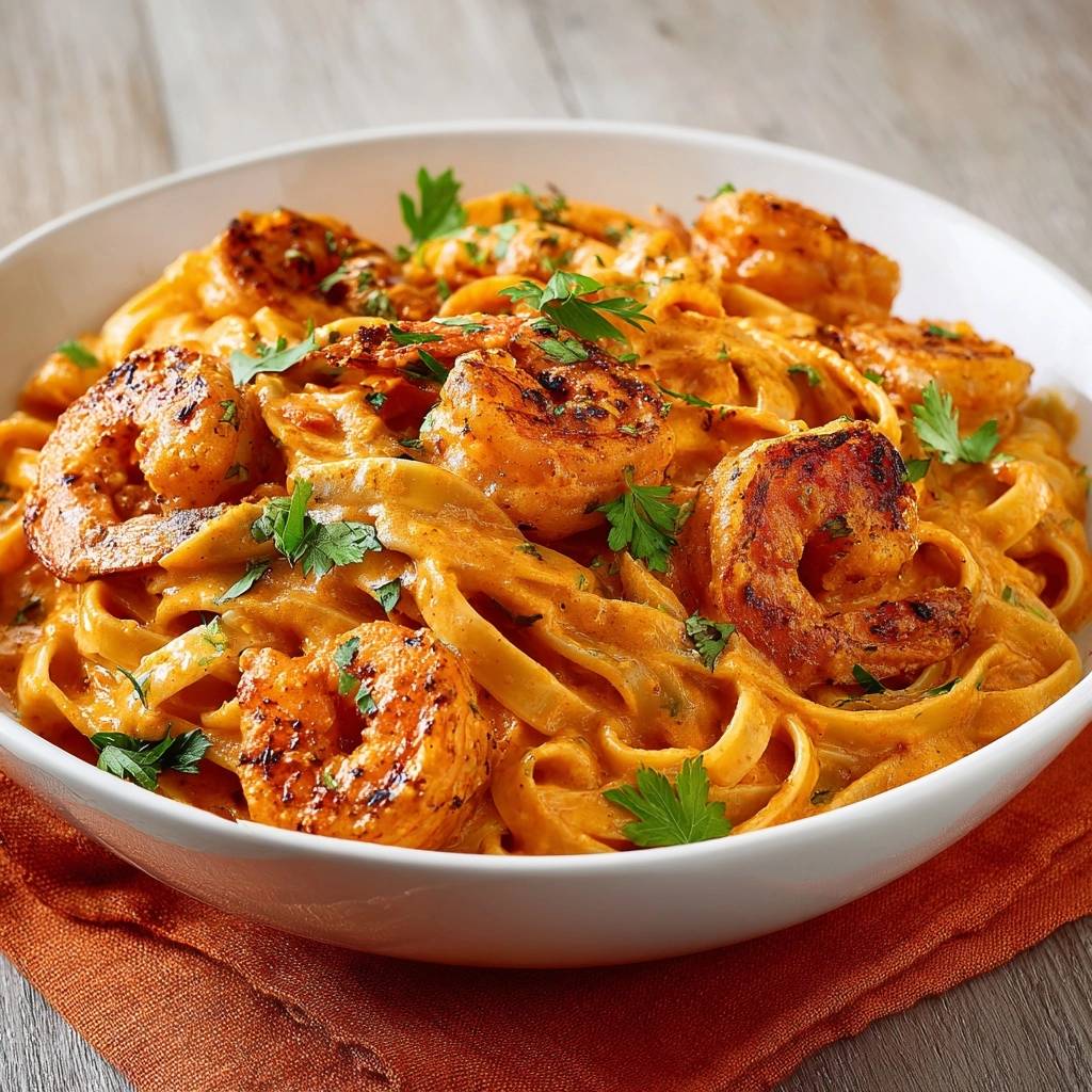 Creamy blackened shrimp fettuccine served in a white bowl, garnished with fresh parsley, close-up view.