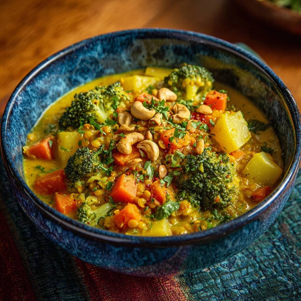 Creamy broccoli lentil curry with crisp-tender veggies and a cashew nut garnish in a blue bowl.