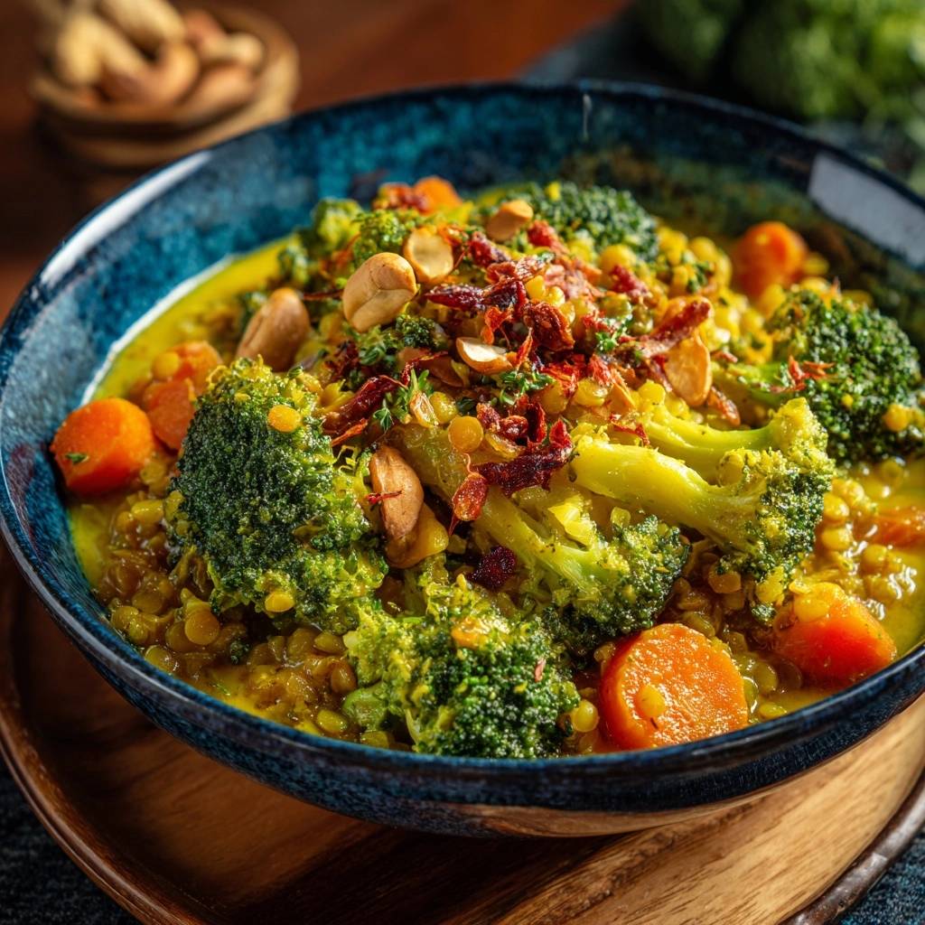 Creamy broccoli lentil curry with crisp-tender veggies served in a blue bowl, garnished with nuts and herbs.