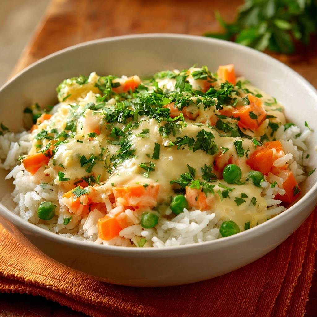 Creamy carrot pea corn rice bowl with a thick, creamy sauce and fresh parsley garnish, shown in a close-up detail shot.