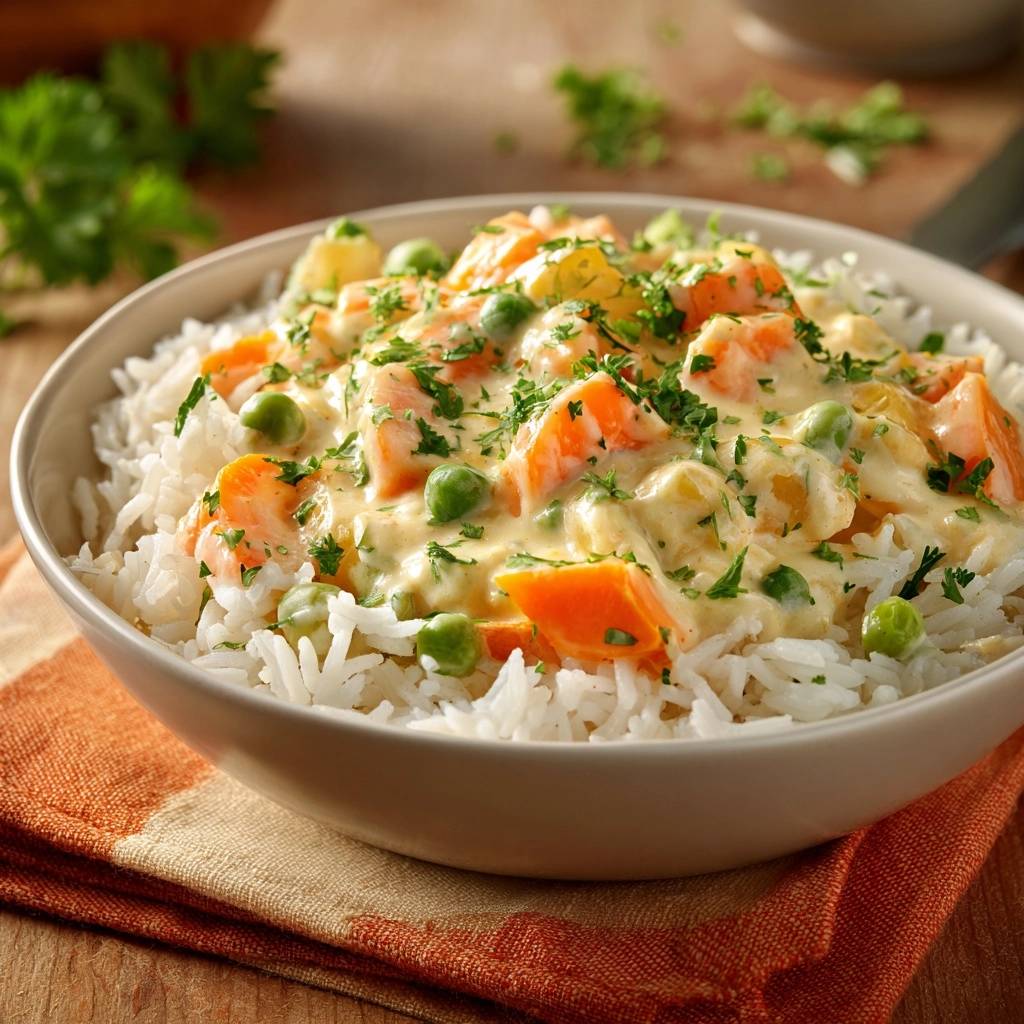 Creamy carrot pea corn rice bowl with a thick sauce, featuring a close-up view of the vibrant vegetables and fluffy white rice.