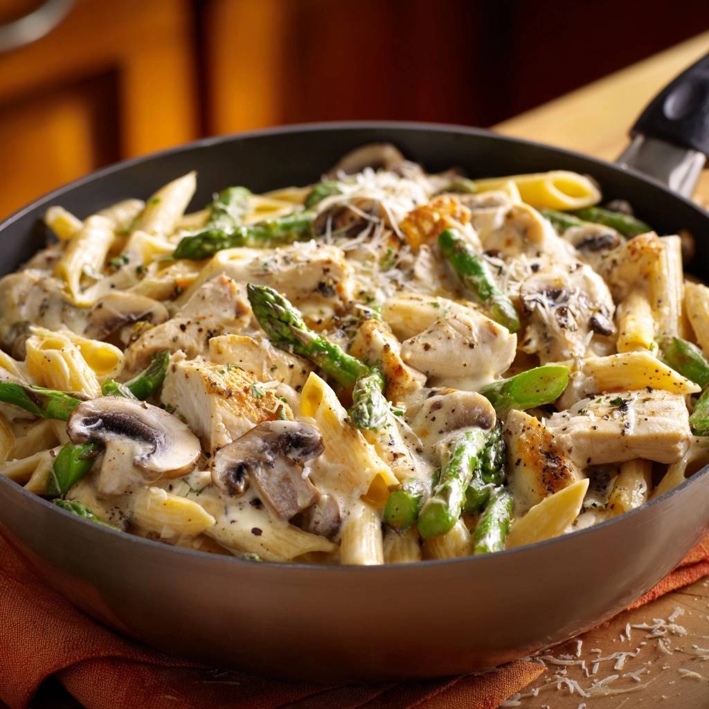 Creamy chicken asparagus mushroom penne served in a black skillet, showcasing a rich sauce and fresh ingredients.