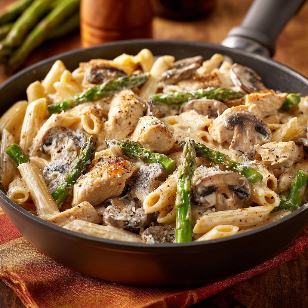 Creamy chicken asparagus mushroom penne recipe served in a skillet, with a close-up view of the pasta, chicken, and vegetables.