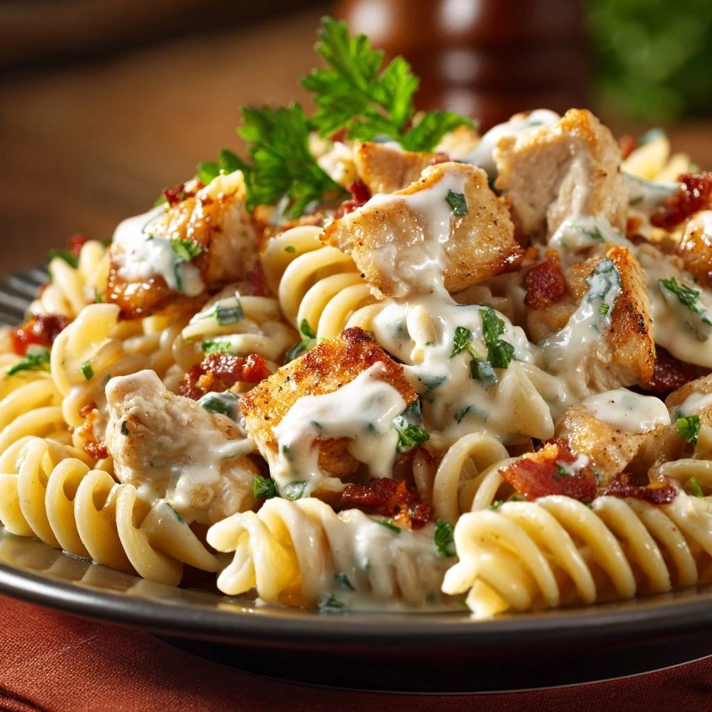 Creamy chicken bacon rotini features juicy chicken bites in a velvety sauce, close-up view of the pasta texture.