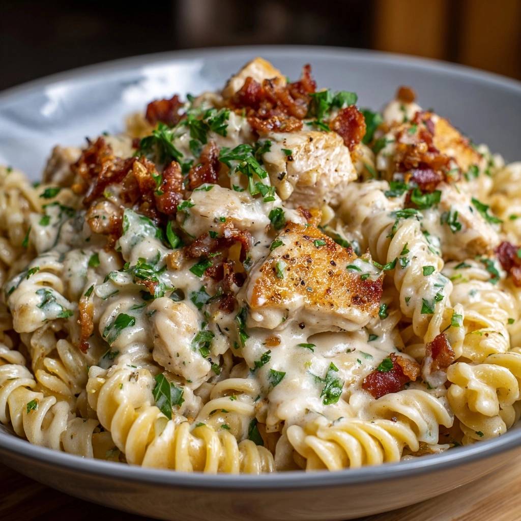 Creamy chicken bacon rotini with a close-up view of the juicy chicken, crispy bacon, and fresh parsley topping.