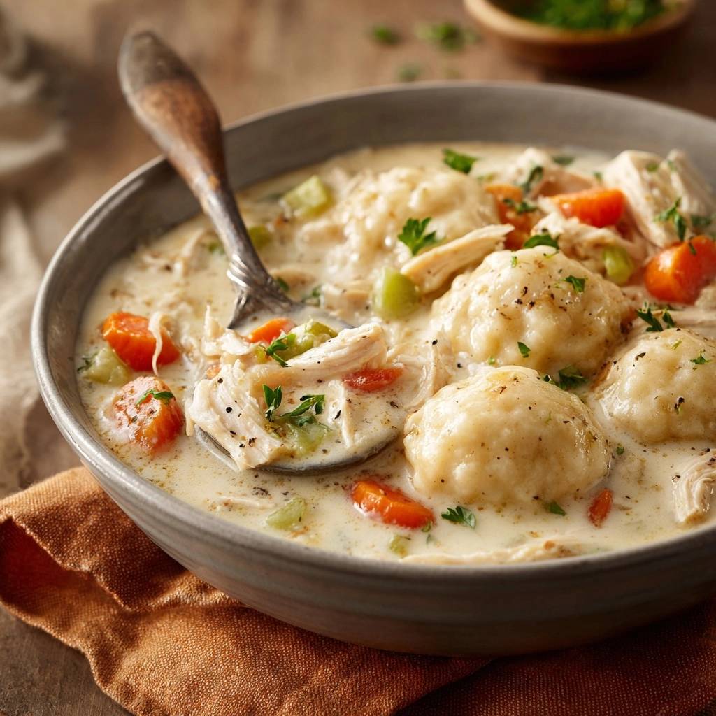 Creamy chicken and dumplings with fluffy dumplings, shown in a close-up spoonful detail with carrots and celery.