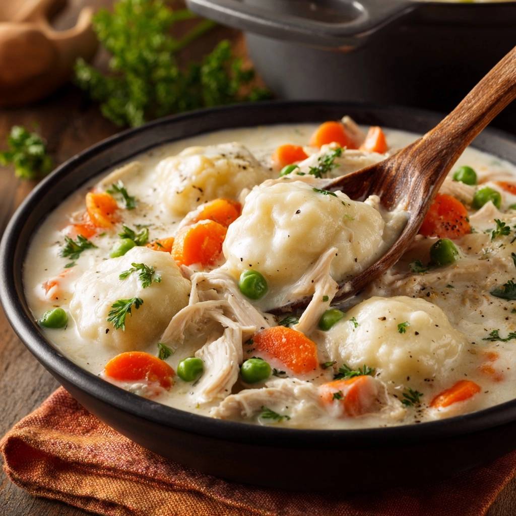 Creamy chicken and dumplings with fluffy dumplings being scooped with a wooden spoon, showing carrots and peas.