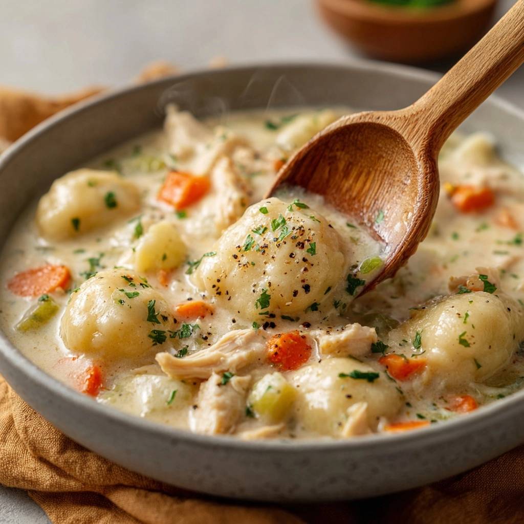 Creamy chicken and dumplings with fluffy dumplings being scooped with a wooden spoon, showing the creamy broth and tender chicken.