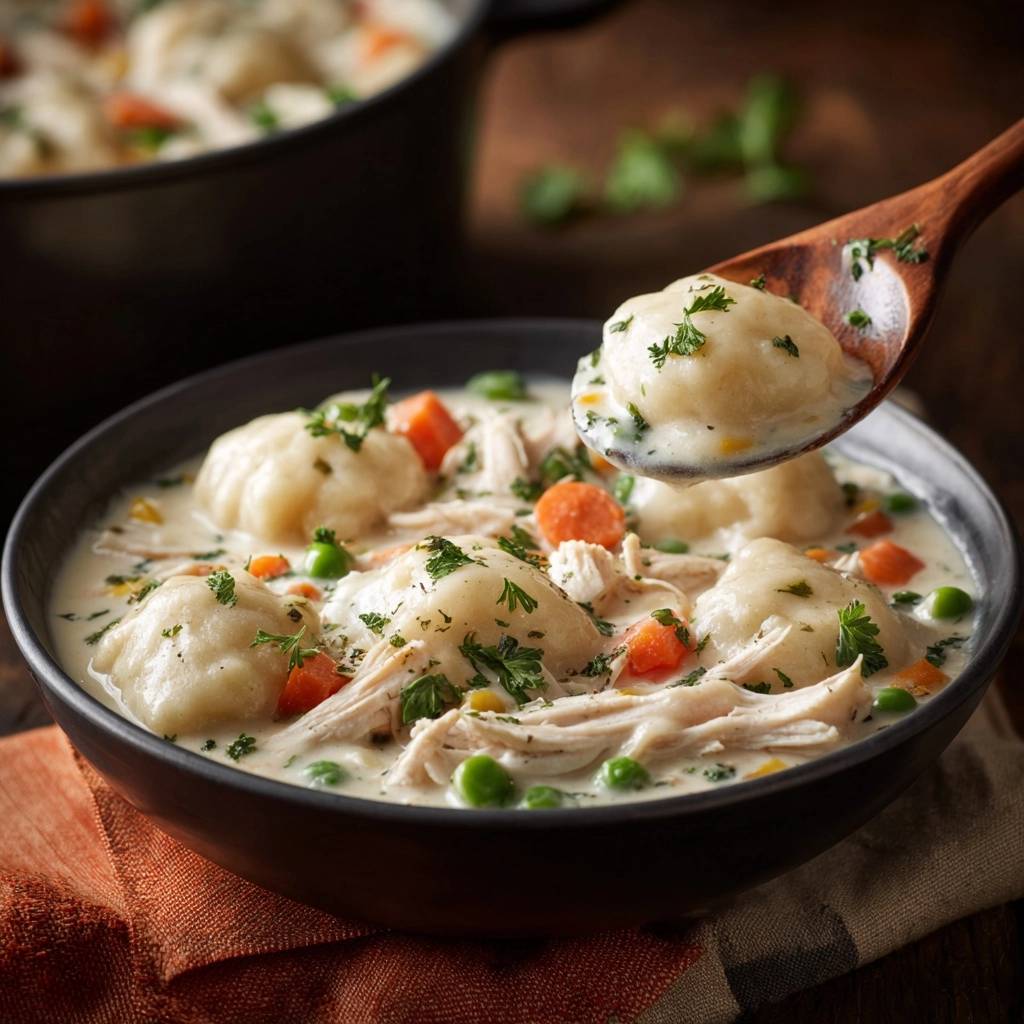 Creamy chicken and dumplings with fluffy dumplings, with a spoonful being lifted from the bowl.