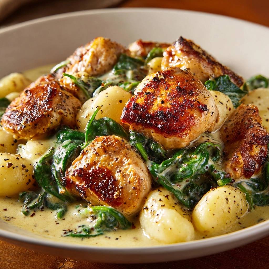 Creamy chicken gnocchi with spinach shown in a close-up bowl view, highlighting the tender chicken and pillowy gnocchi.