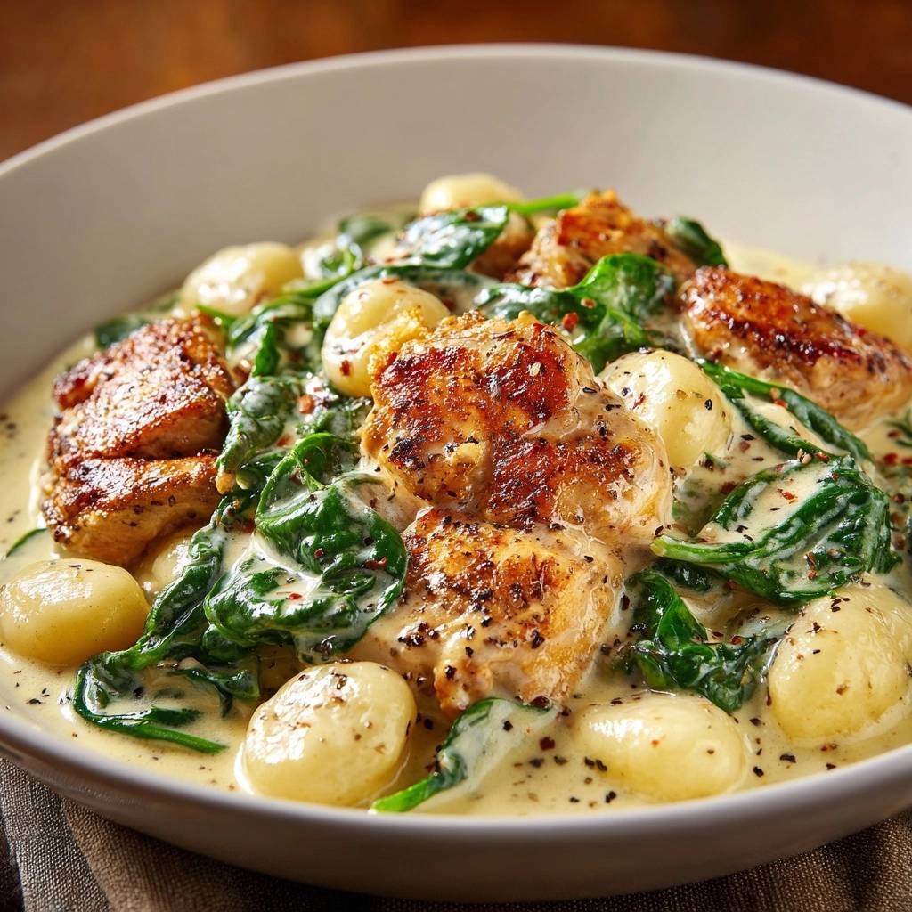 Creamy chicken gnocchi with spinach in a rich, creamy sauce, showcasing pillowy gnocchi and tender chicken.