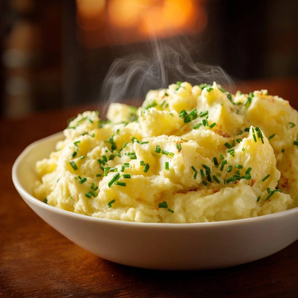 Creamy chive mashed potatoes in a white bowl, with steam rising from the hot dish.