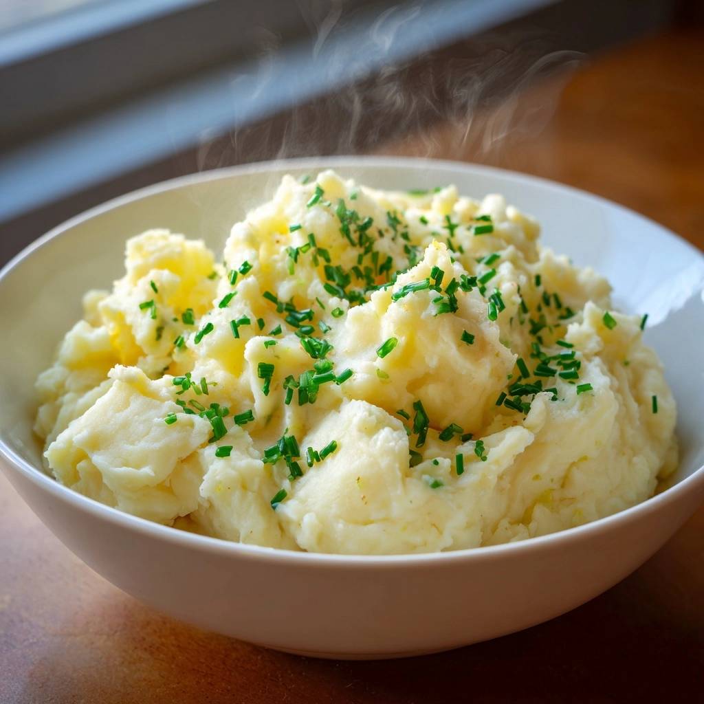 Creamy chive mashed potatoes steaming in a white bowl, generously garnished with fresh chives.