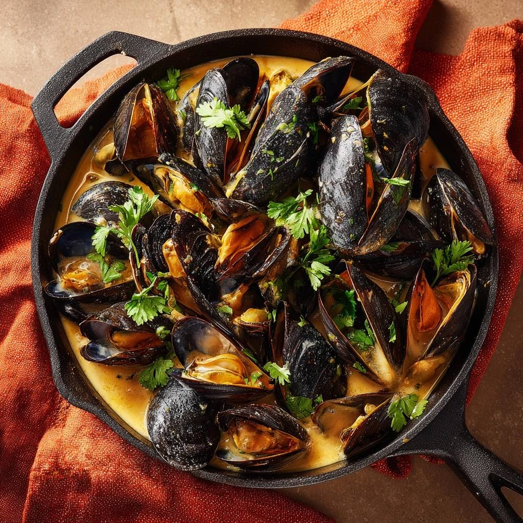 Creamy garlic mussels with thick sauce served in a cast iron skillet, garnished with fresh parsley.