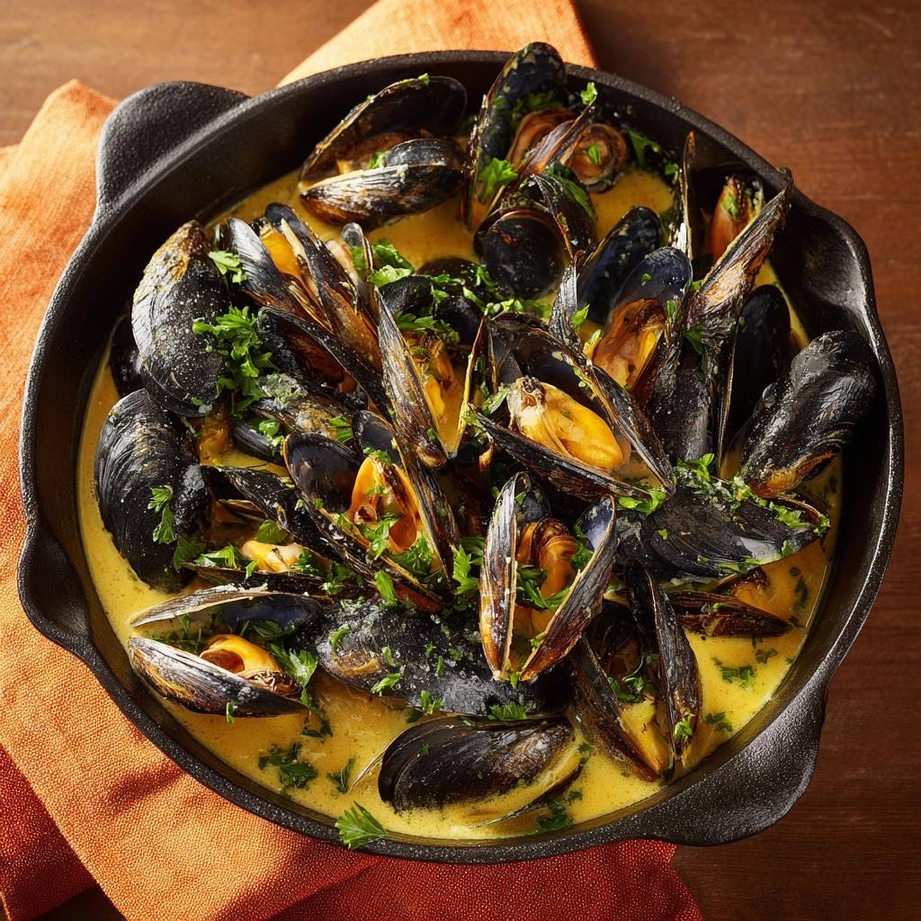 Creamy garlic mussels with thick sauce served in a cast-iron skillet, viewed from overhead.