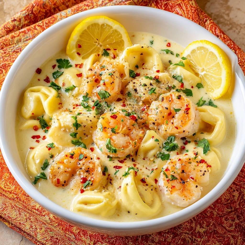 Creamy lemon shrimp tortellini in a white bowl, garnished with lemon slices and parsley.