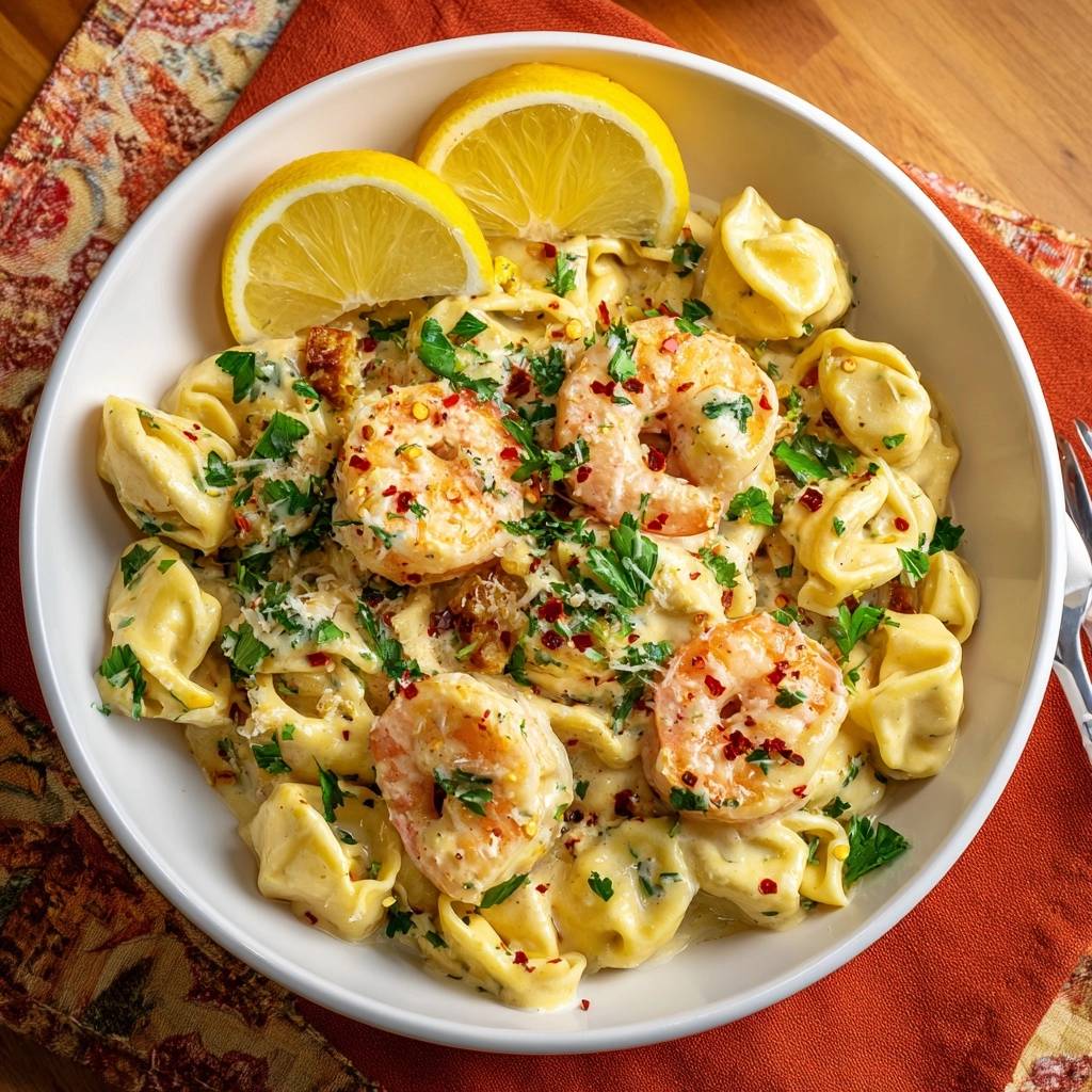 Creamy lemon shrimp tortellini with tender juicy shrimp served in a white bowl, garnished with lemon slices and parsley.