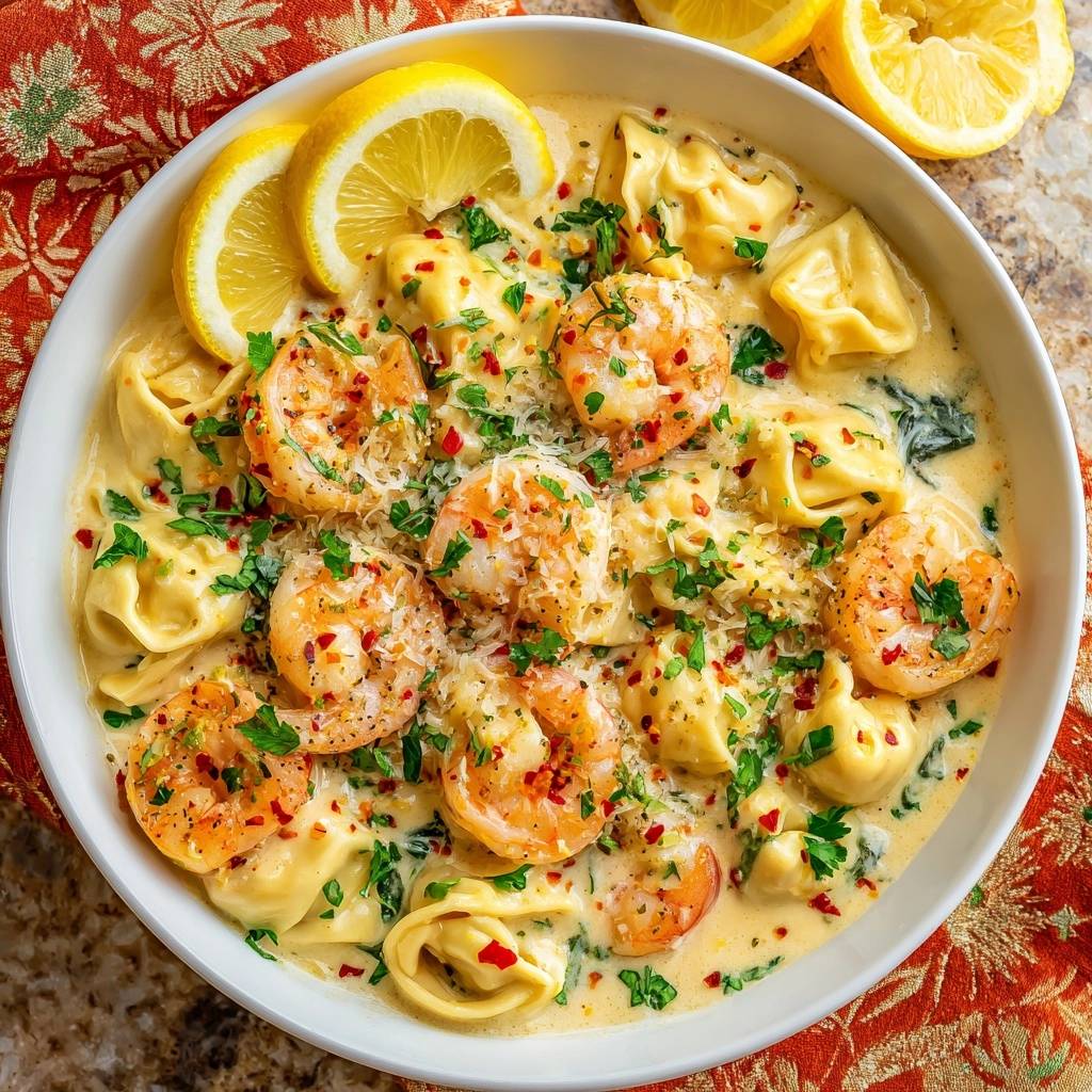 Creamy lemon shrimp tortellini served in a white bowl, garnished with lemon slices and parsley.