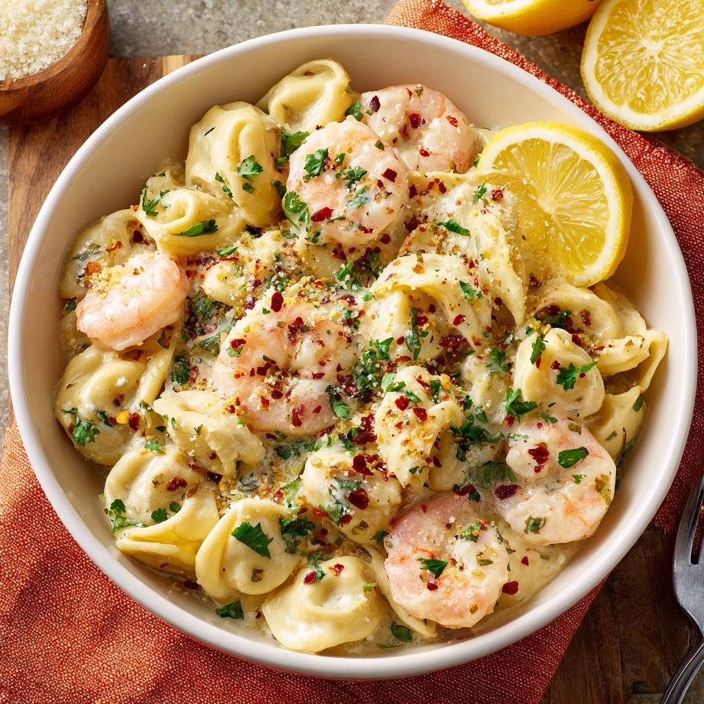 Creamy lemon shrimp tortellini with tender juicy shrimp served in a white bowl, garnished with parsley and chili flakes.