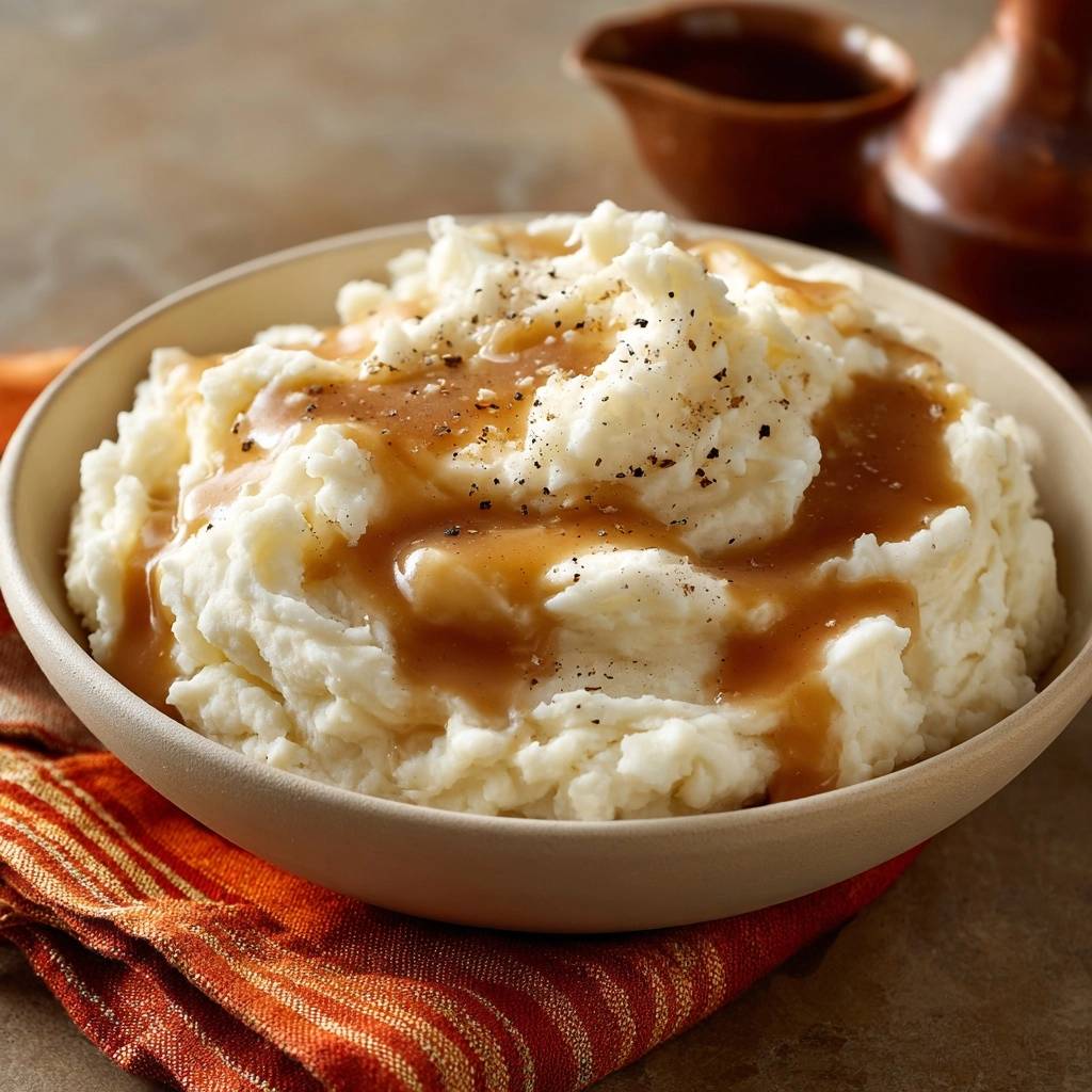 Creamy mashed potatoes with rich gravy drizzled over the top, served in a rustic bowl with a striped napkin.