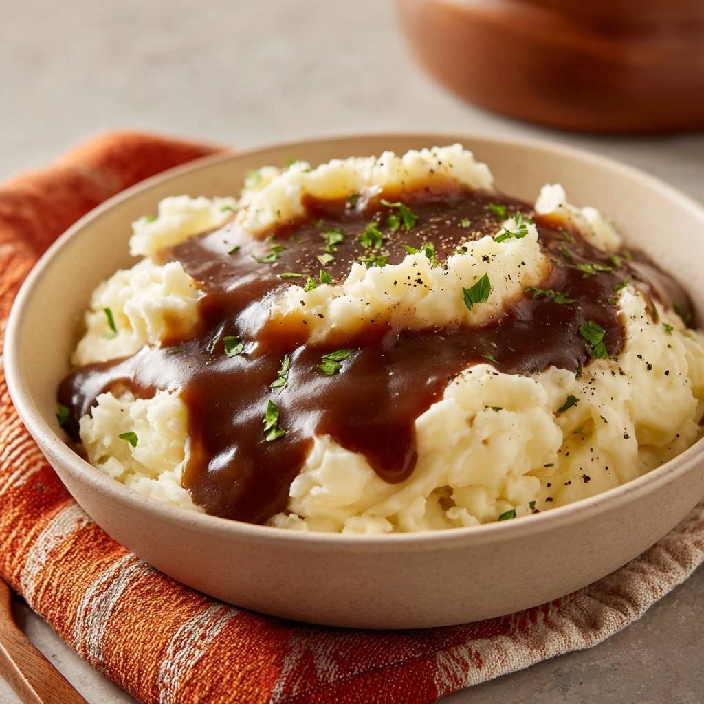 Creamy mashed potatoes with rich gravy, served in a bowl and garnished with parsley, shown in a close-up view.
