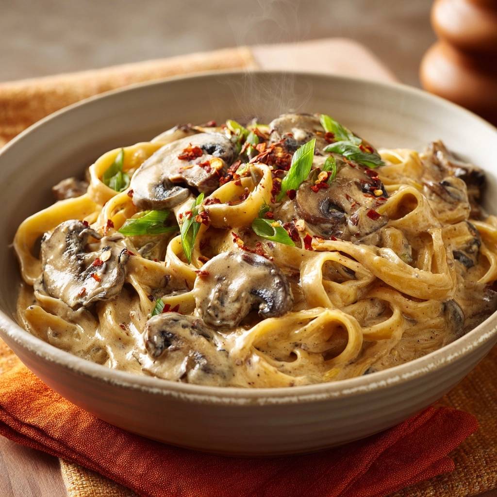Creamy mushroom fettuccine with thick sauce, shown in a close-up view with visible steam rising.