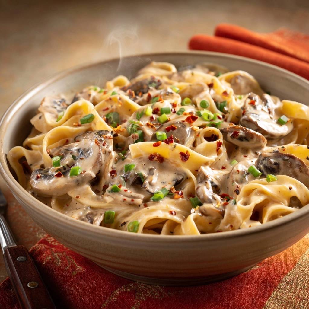 Creamy mushroom fettuccine with thick sauce served steaming in a rustic bowl, garnished with chives and chili flakes.