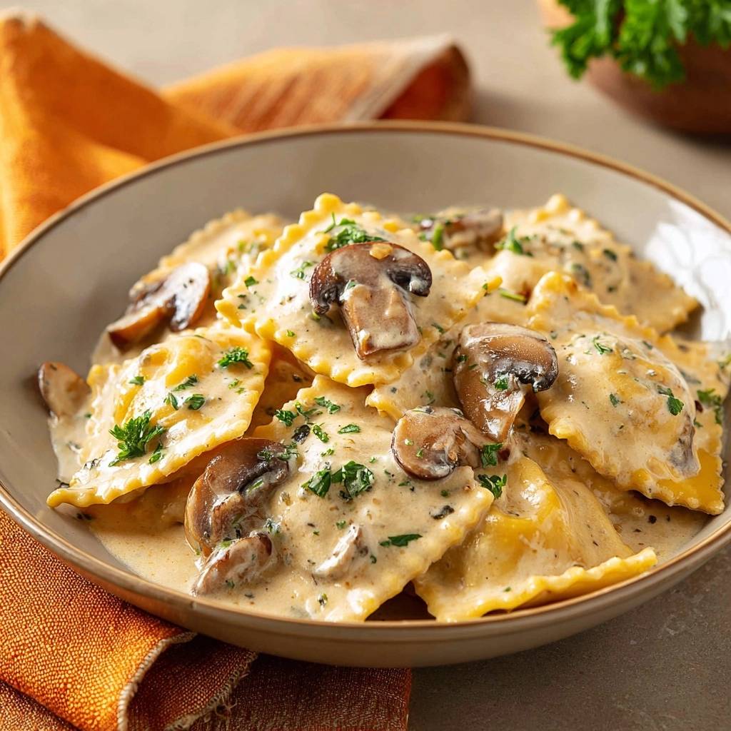Creamy mushroom ravioli with a never-watery sauce, served in a bowl and garnished with parsley.