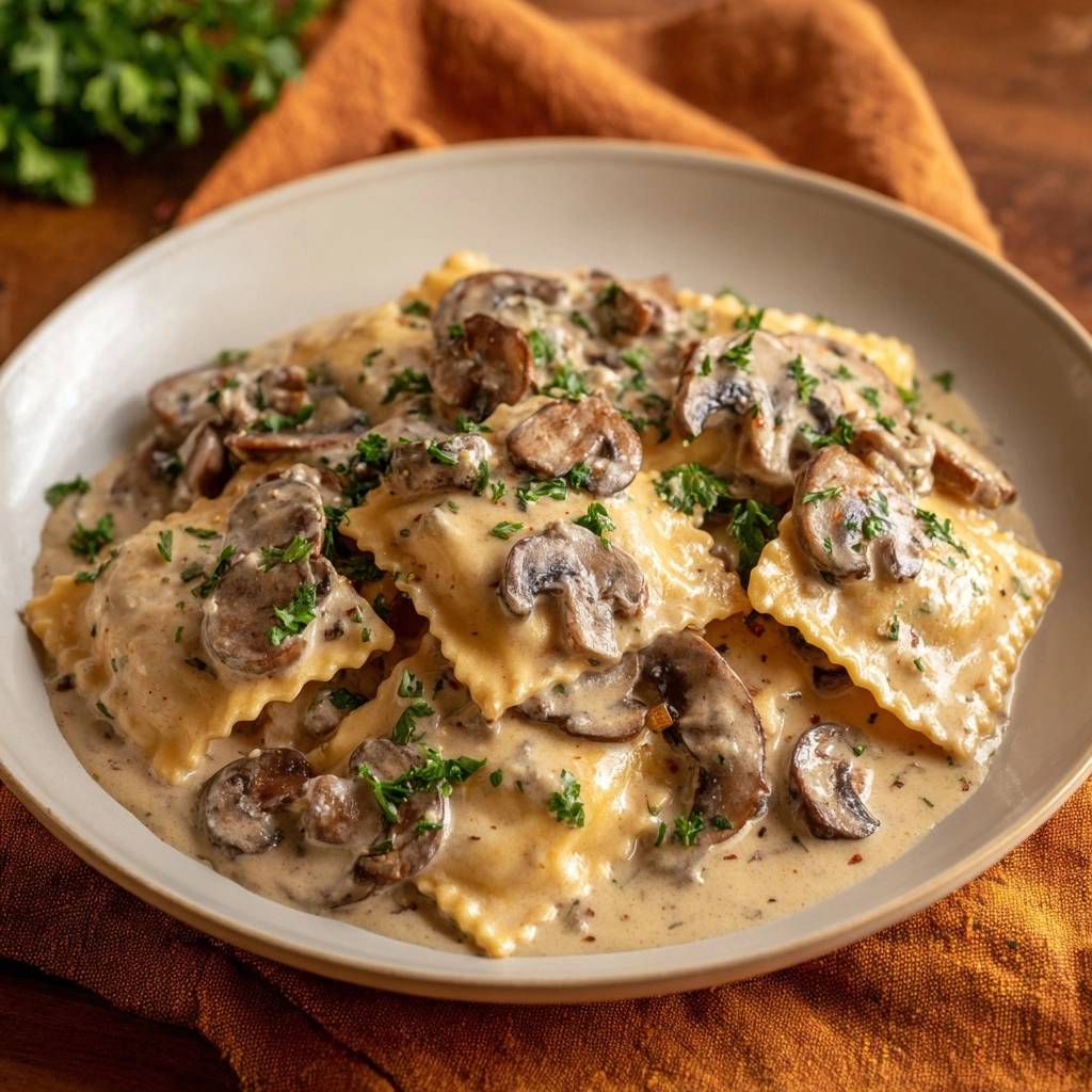 Creamy mushroom ravioli with a rich, no-watery sauce served in a bowl and garnished with parsley.